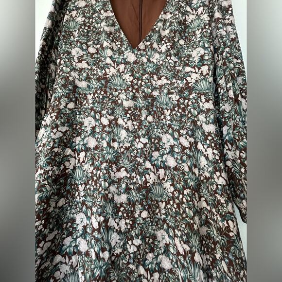 EUC Aritzia Sunday Best Grayson Floral Print Long Sleeve Mini Dress 8 Mocha Teal - Picture 14 of 16